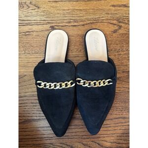 Tilocow Black Suede Pointed Toe Mules Gold Chain Detail Women's Slip On 8.5